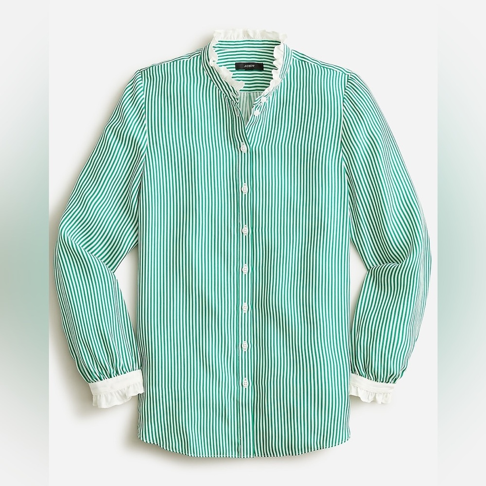 J. Crew Drapey Cupro-blend Ruffle-trim Striped Shirt in white & green